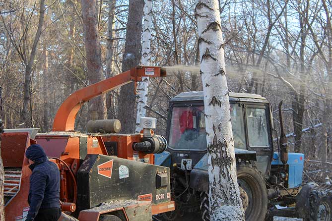 дробление неликвидной древесины в лесу