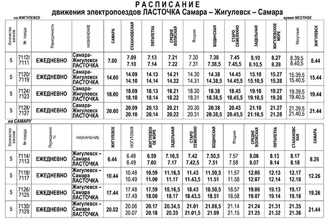 расписание "Ласточки" с утренними и вечерними рейсами