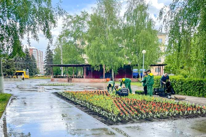сотрудники зеленстроя сажают цветы в Центральном парке