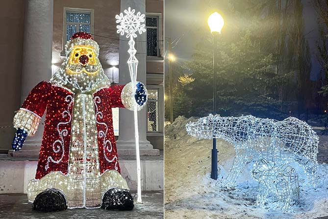 новогодние инсталляции Деда Мороза и белых медведей