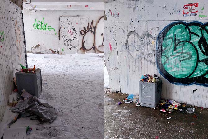 мусор и граффити в подземном переходе