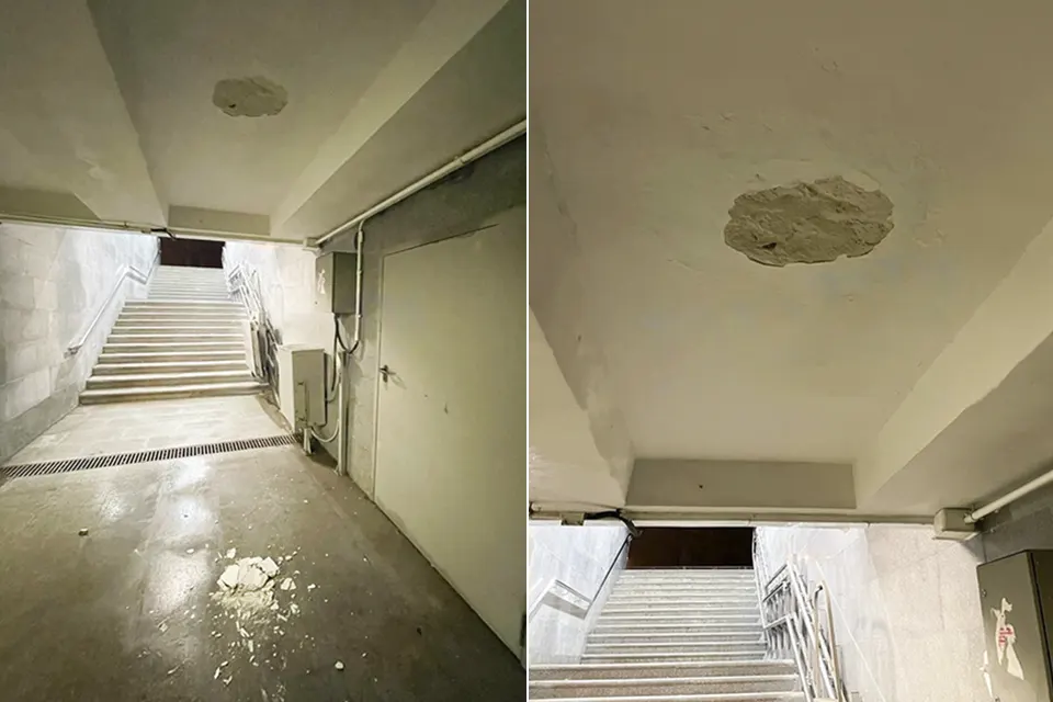 упавшая с потолка штукатурка в подземном переходе