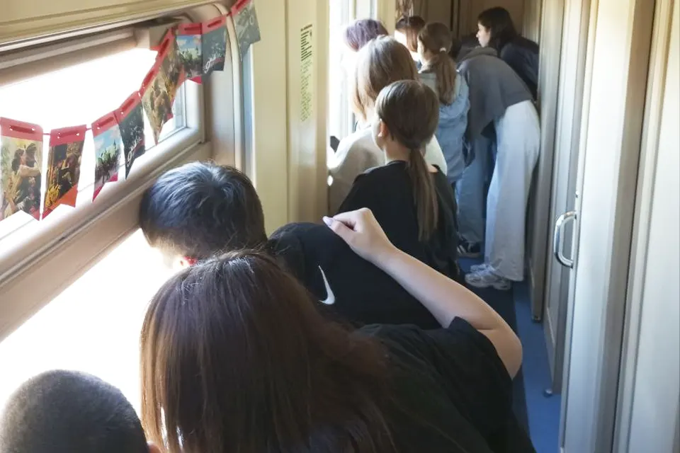 дети в поезде смотрят в окно