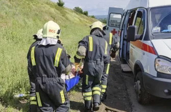 спасатели несут пострадавшего в скорую помощь