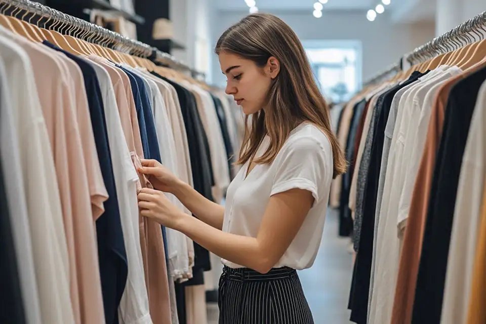 девушка покупает платье в магазине