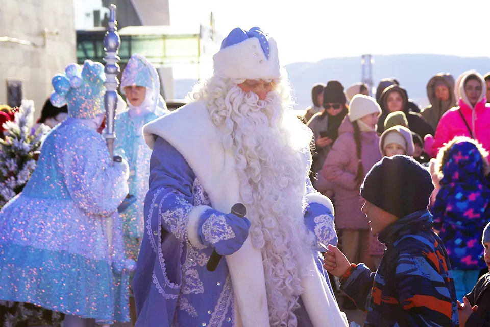 мальчик общается с Дедом Морозом