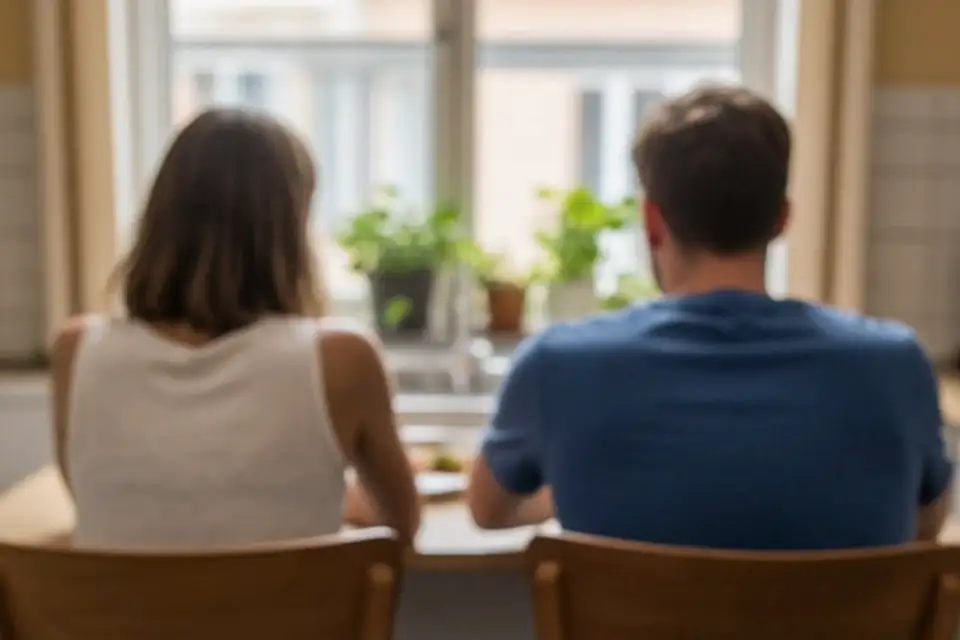 девушка с мужчиной за кухонным столом