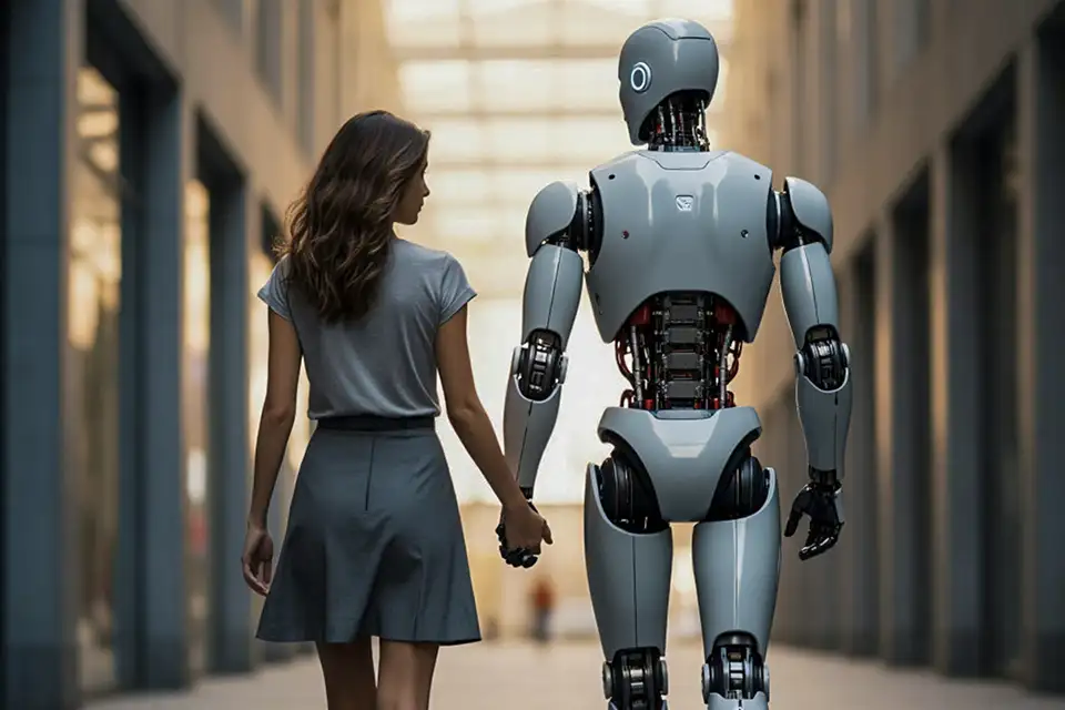 девушка держит за руку робота