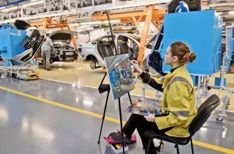 девушка рисует картину на конвейере автоваза