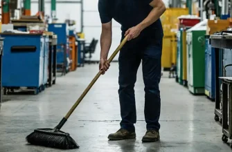 мужчина подметает в цеху