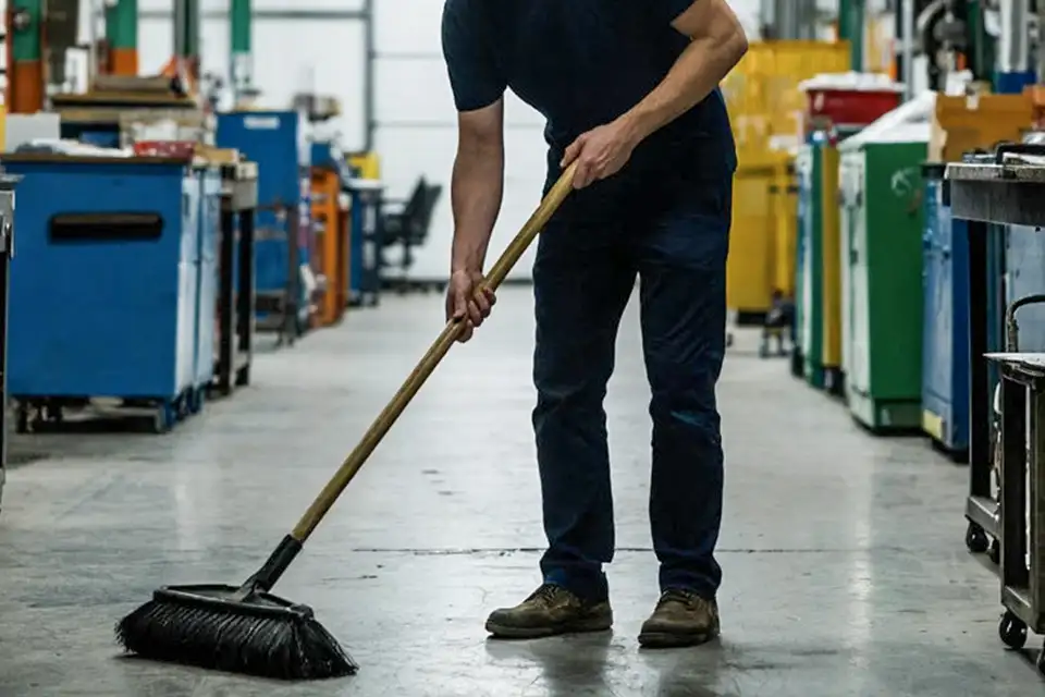 мужчина подметает в цеху